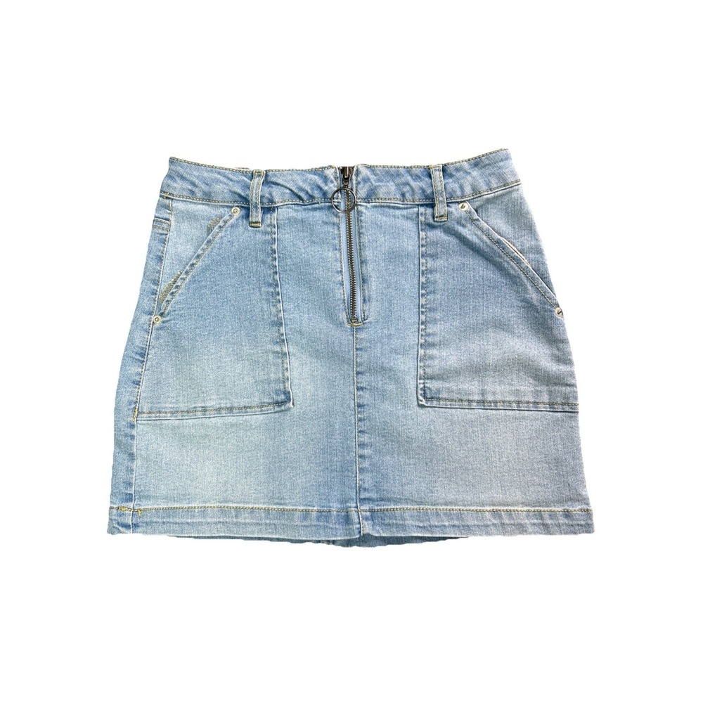 Blue Spice Jean Skirt Womens Size 5 Blue Denim Stretch Pockets Front Zip - Picture 1 of 6